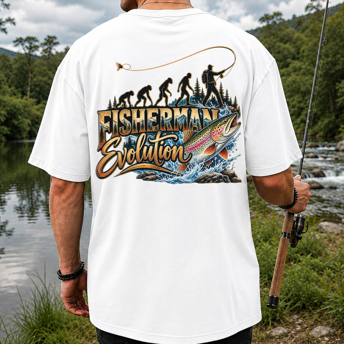 Fisherman Evolution Rainbow Trout Fly Fishing Graphic T-Shirt | Back Print