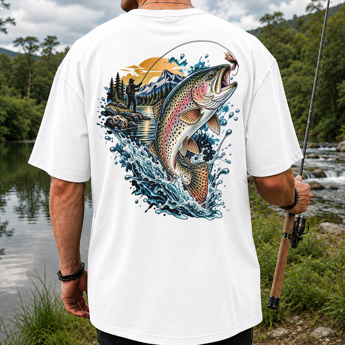 Leaping Rainbow Trout Mountain River Fly Fishing Graphic T-Shirt | Back Print