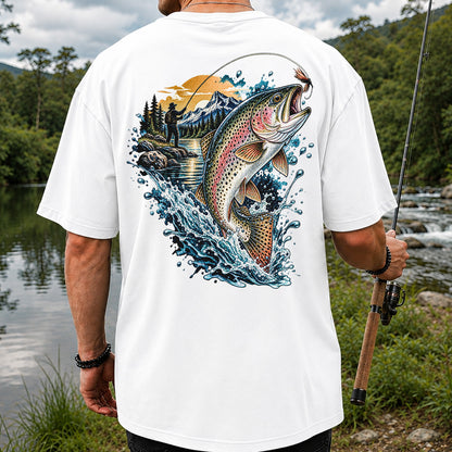 Leaping Rainbow Trout Mountain River Fly Fishing Graphic T-Shirt | Back Print