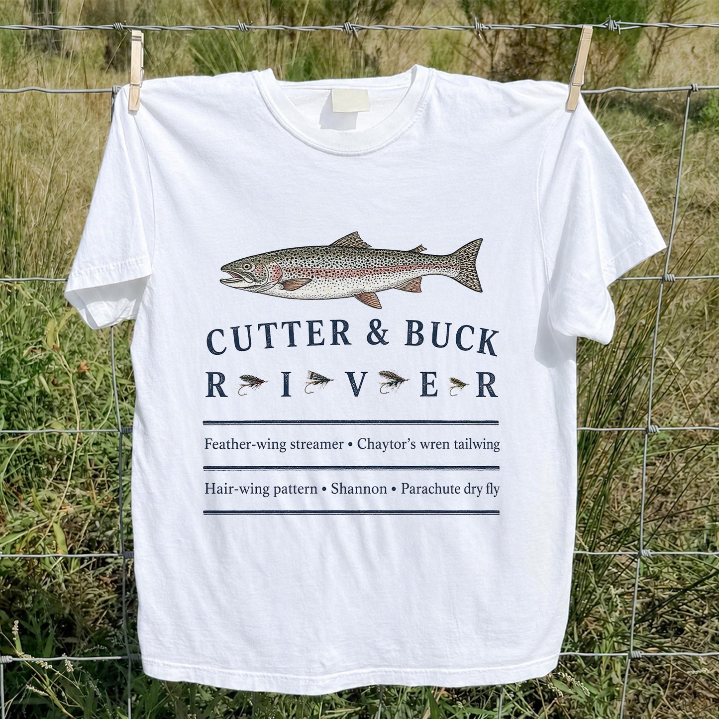 River Rainbow Trout and Classic Fly Patterns Fishing T-Shirt