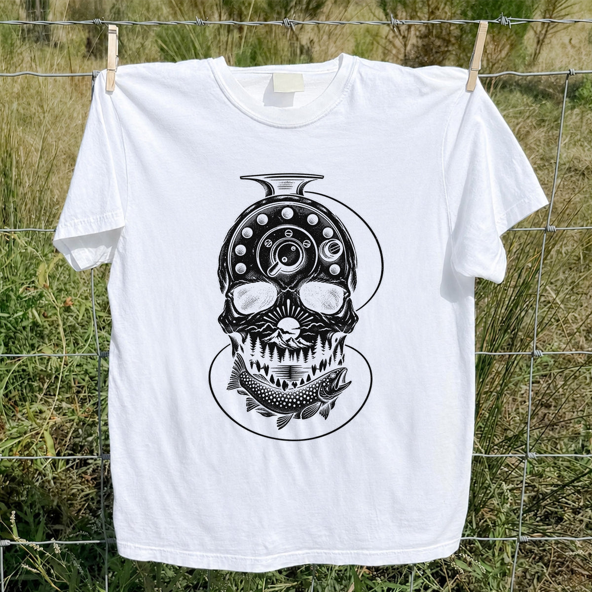 Trout and Fly Fishing Reel Skull Mountain Graphic T-Shirt