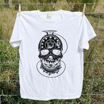 Trout and Fly Fishing Reel Skull Mountain Graphic T-Shirt
