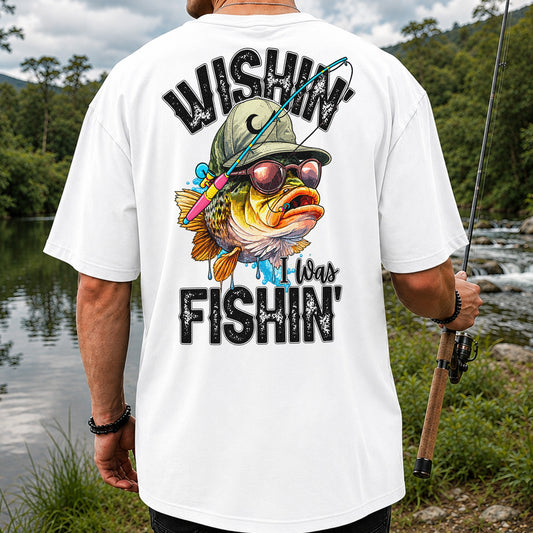 Wishin' I Was Fishin' Bass in a Hat and Sunglasses Funny Fishing T-Shirt | Back Print