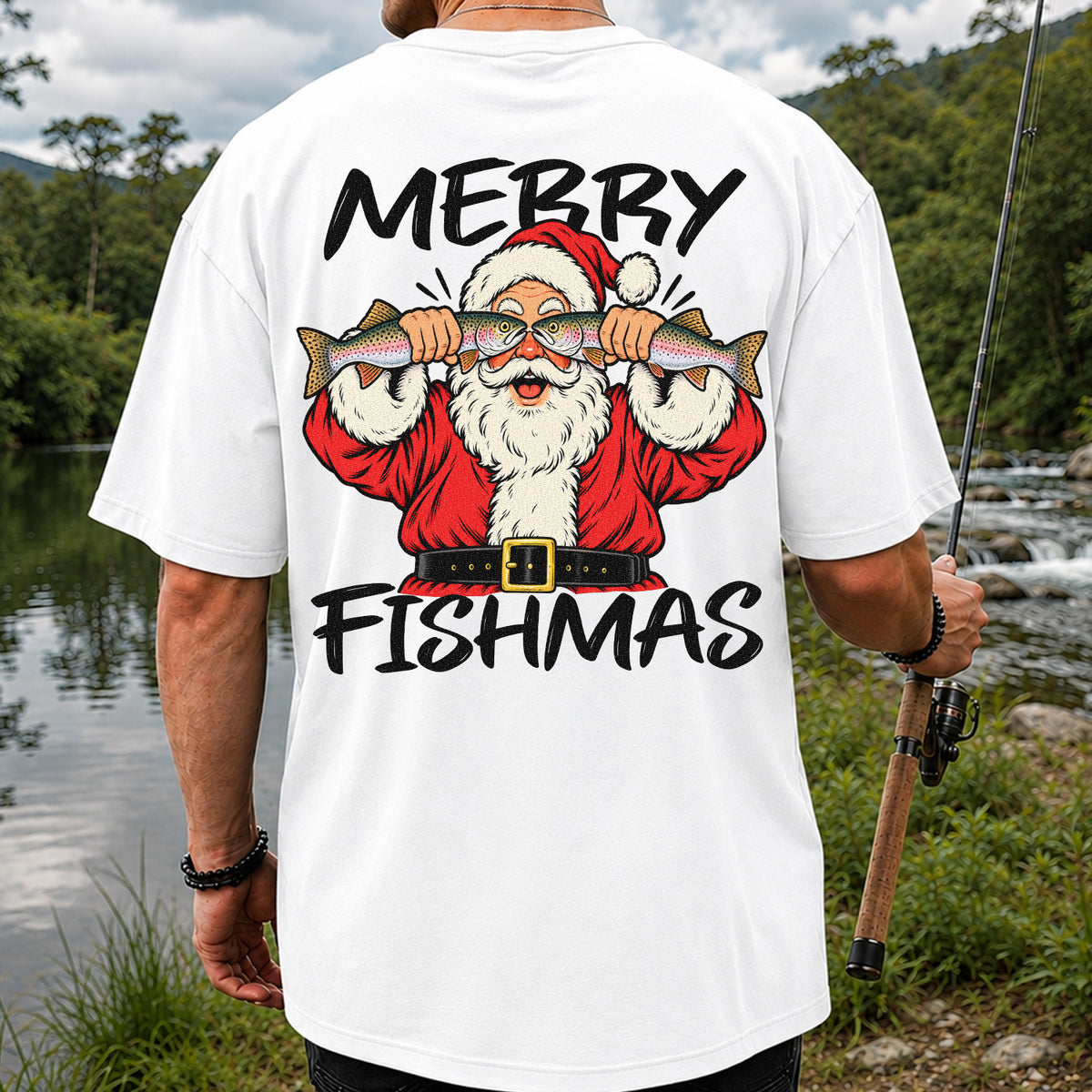 Merry Fishmas Santa Holding Rainbow Trout Christmas Fishing T-Shirt | Back Print
