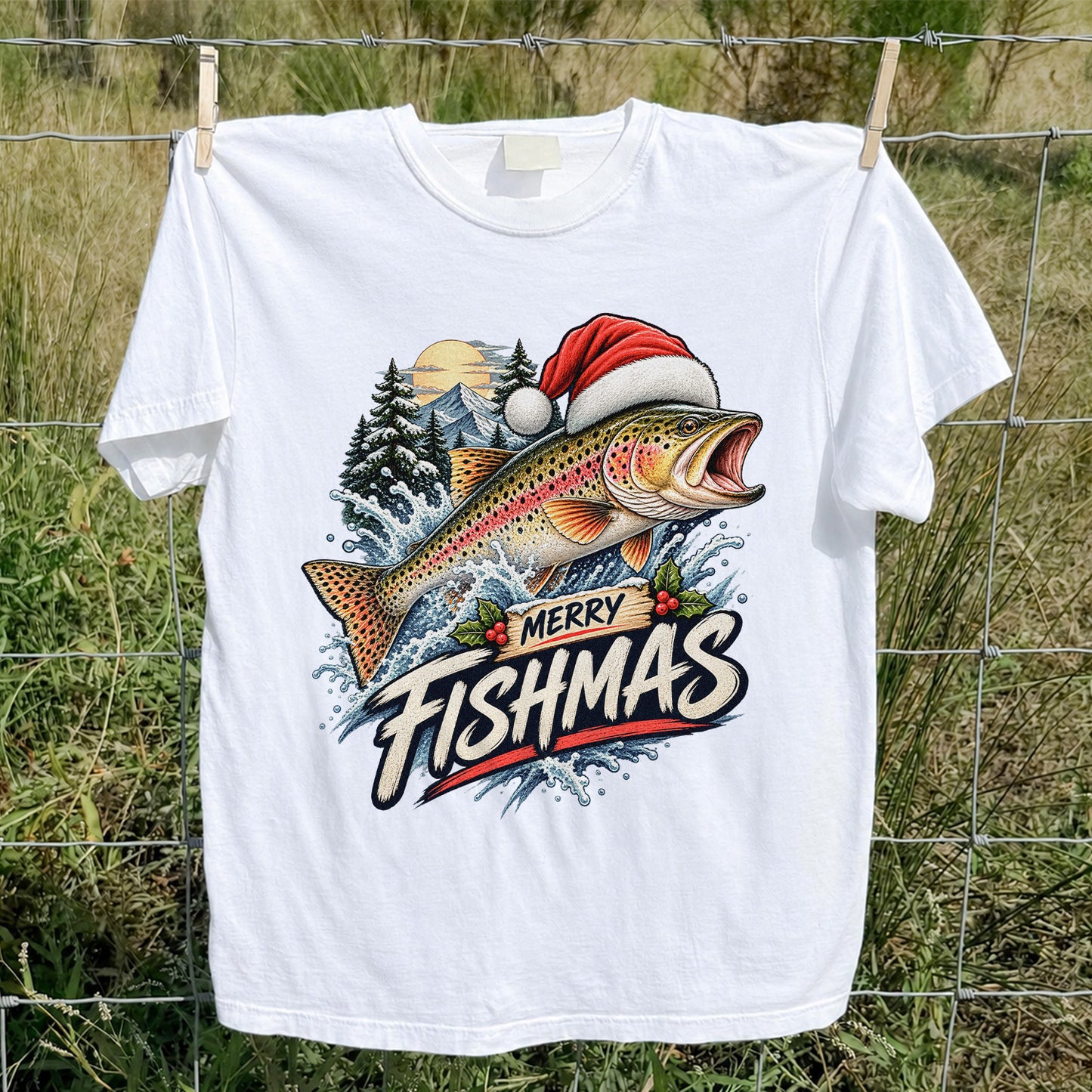 Merry Fishmas Santa Hat Rainbow Trout Fishing Graphic T-Shirt