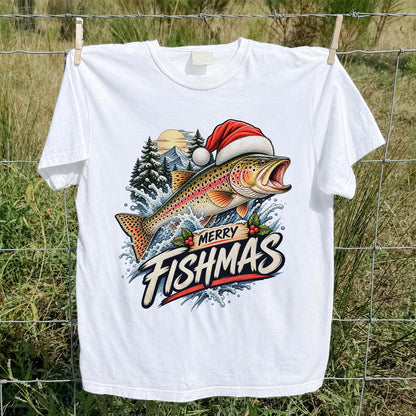 Merry Fishmas Santa Hat Rainbow Trout Fishing Graphic T-Shirt