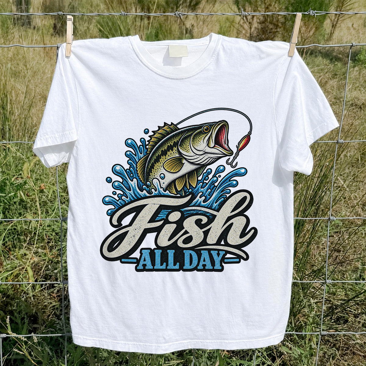 Fish All Day Jumping Bass Fishing Graphic T-Shirt
