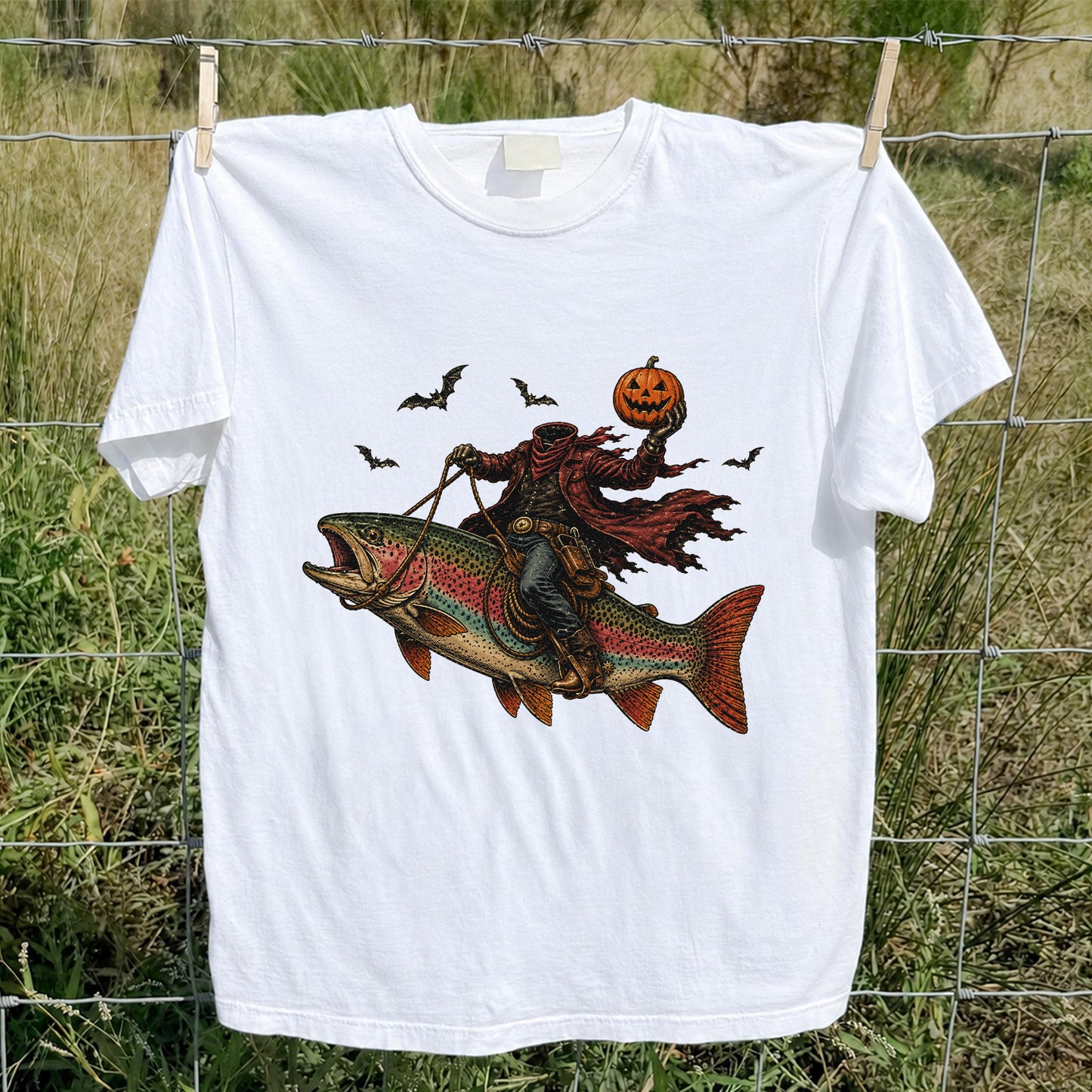 Halloween Cowboy Trout Fishing T-Shirt Pumpkin Fishing Tee