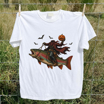 Halloween Cowboy Trout Fishing T-Shirt Pumpkin Fishing Tee