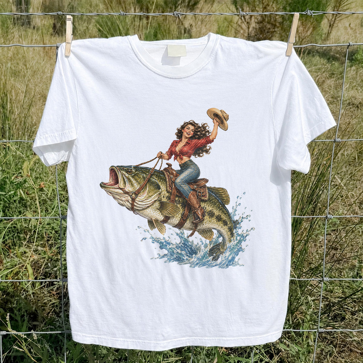 Vintage Cowgirl Riding a Largemouth Bass Fishing Graphic T-Shirt
