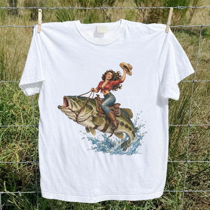 Vintage Cowgirl Riding a Largemouth Bass Fishing Graphic T-Shirt