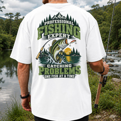 Professional Fishing Expert Catching Problems One Fish at a Time Bass T-Shirt | Back Print