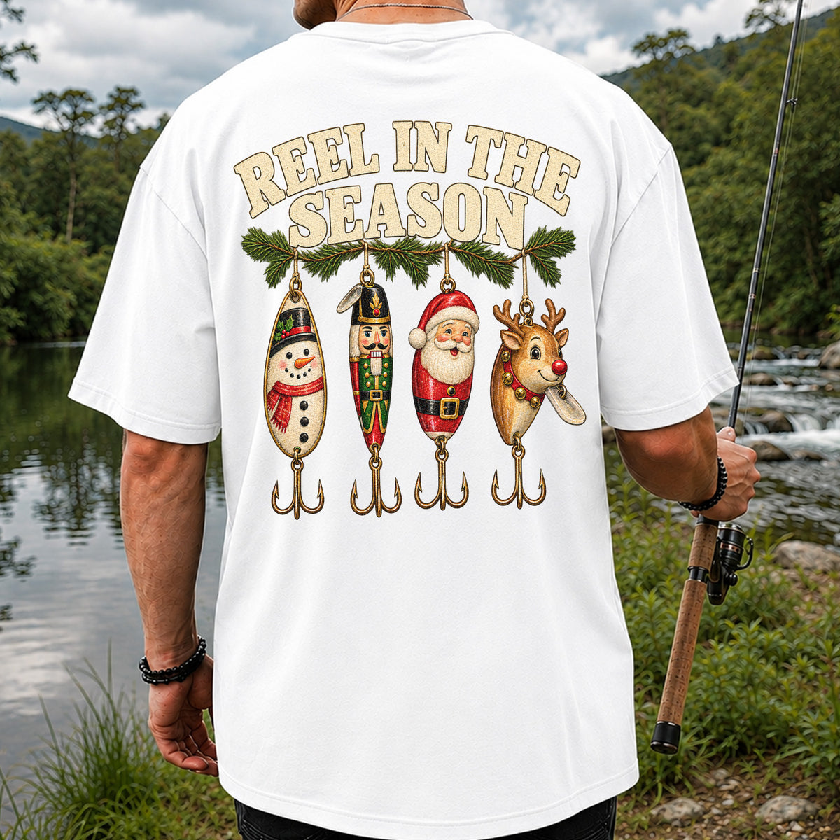 Reel in the Season Christmas Fishing Lures Graphic T-Shirt | Back Print