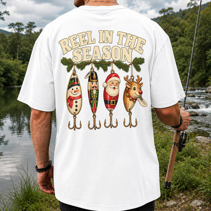 Reel in the Season Christmas Fishing Lures Graphic T-Shirt | Back Print
