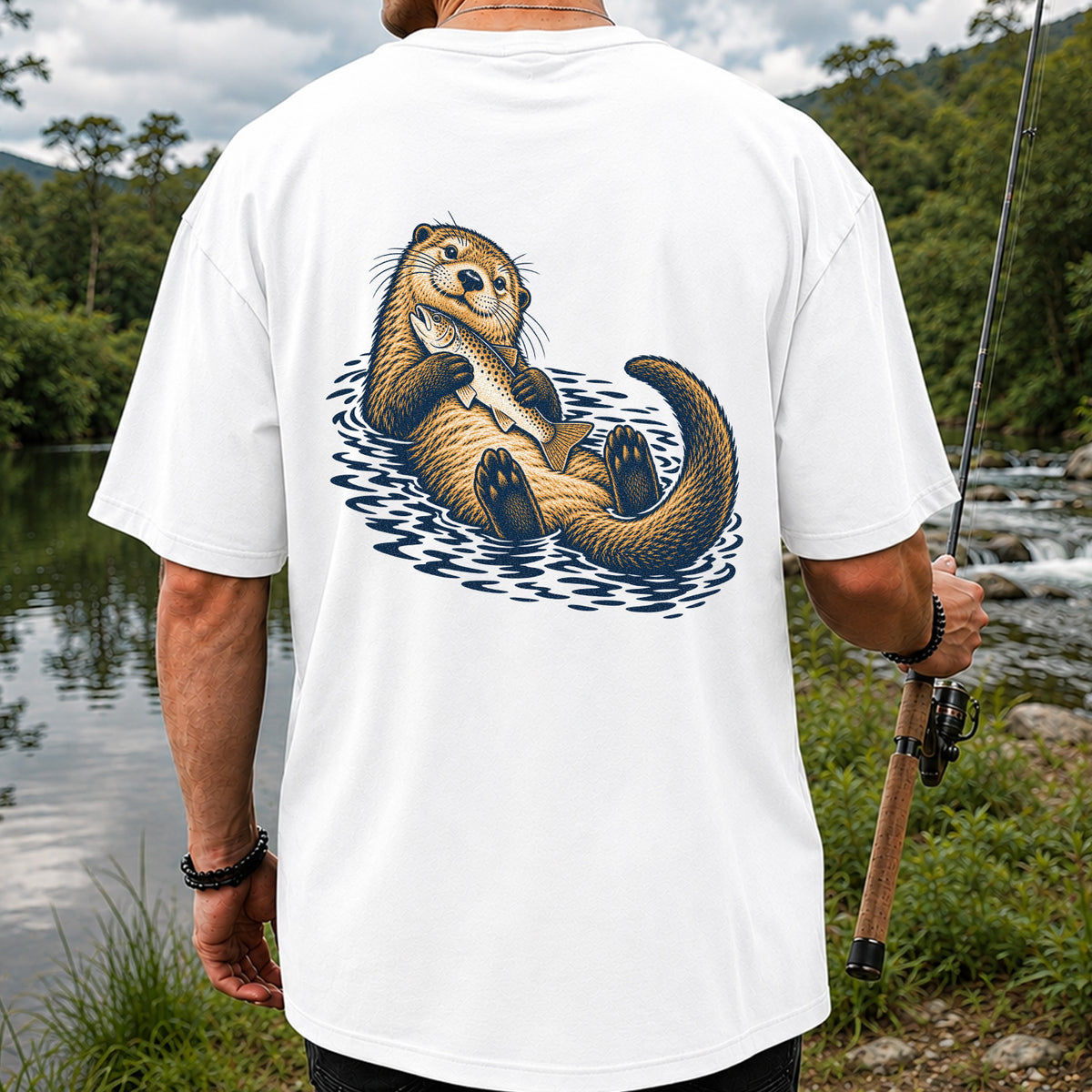Cute Otter Holding Fish Hand Drawn Fishing Graphic T-Shirt | Back Print