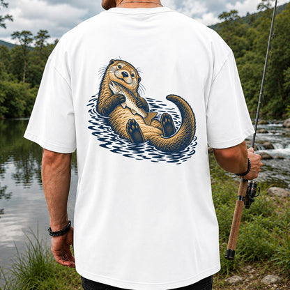 Cute Otter Holding Fish Hand Drawn Fishing Graphic T-Shirt | Back Print