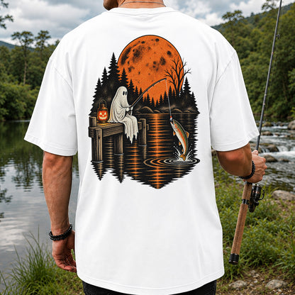 Ghost Fishing for Rainbow Trout Under an Orange Moon Halloween T-Shirt | Back Print