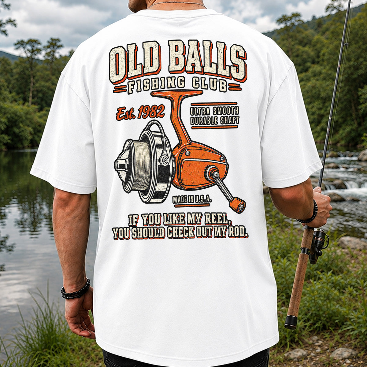 Old Balls Fishing Club Vintage Spinning Reel Graphic T-Shirt | Back Print