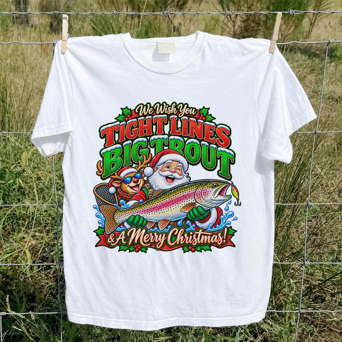 We Wish You Tight Lines Big Trout & a Merry Christmas Santa and Reindeer Fishing T-Shirt