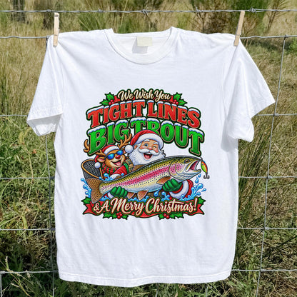 We Wish You Tight Lines Big Trout & a Merry Christmas Santa and Reindeer Fishing T-Shirt