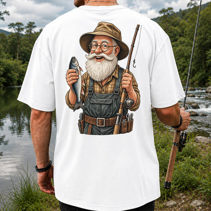 Bearded Angler Holding a Fish and Fishing Rod Graphic T-Shirt | Back Print