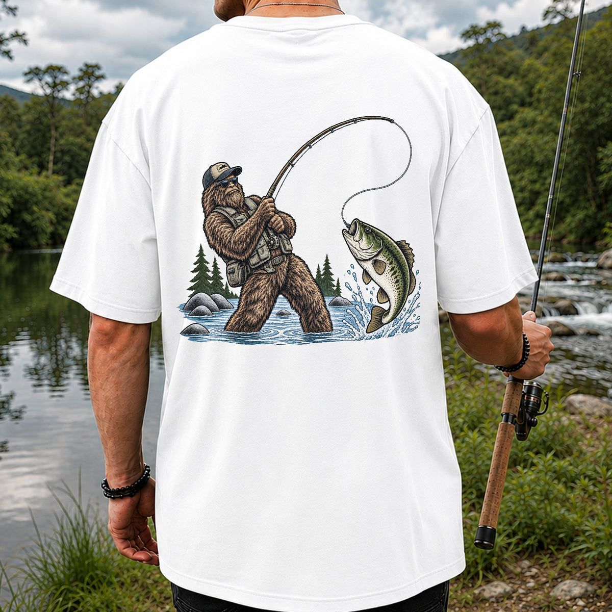 Bear Catching Bass Fishing Graphic T-Shirt | Back Print