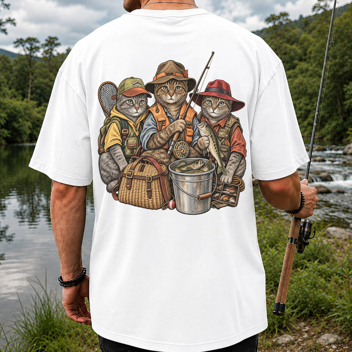 Three Fishing Cats with Rod and Catch Vintage Graphic T-Shirt | Back Print