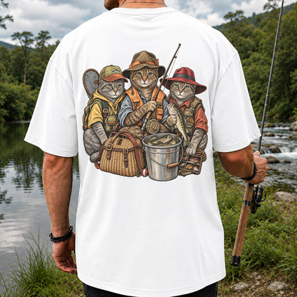 Three Fishing Cats with Rod and Catch Vintage Graphic T-Shirt | Back Print