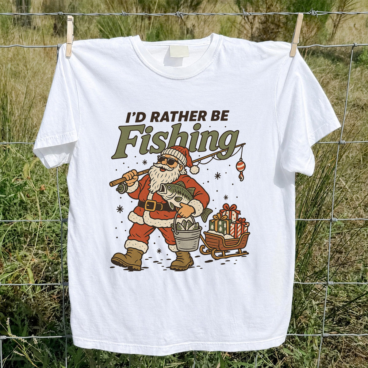 Santa Claus Fishing with Bass Christmas T-Shirt