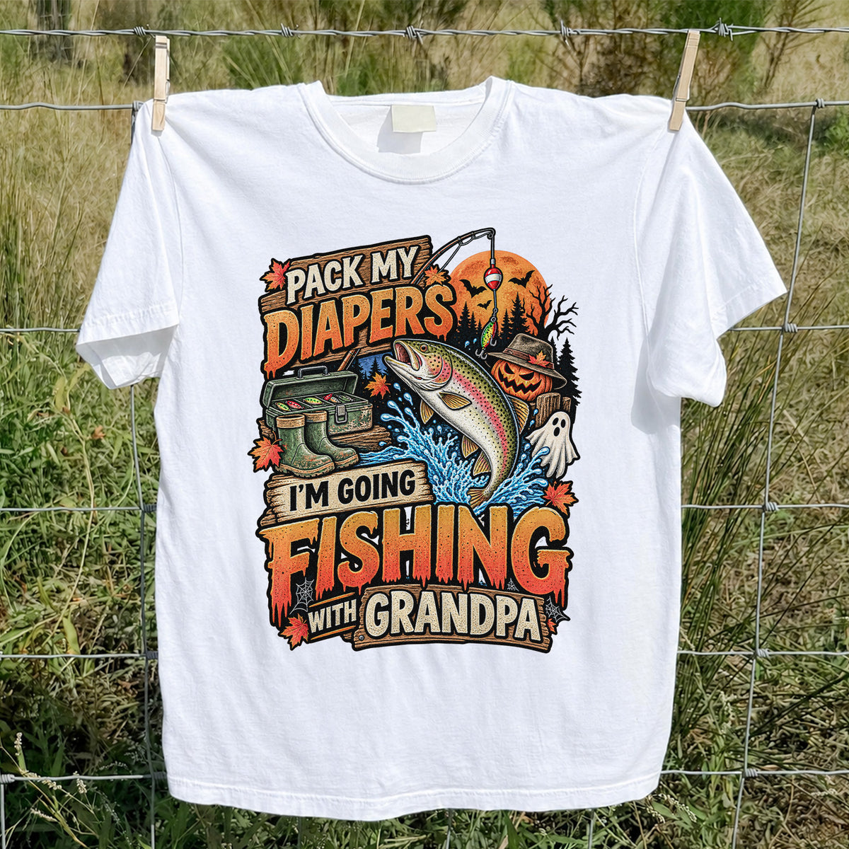 Pack My Diapers I'm Going Fishing With Grandpa Halloween Rainbow Trout T-Shirt