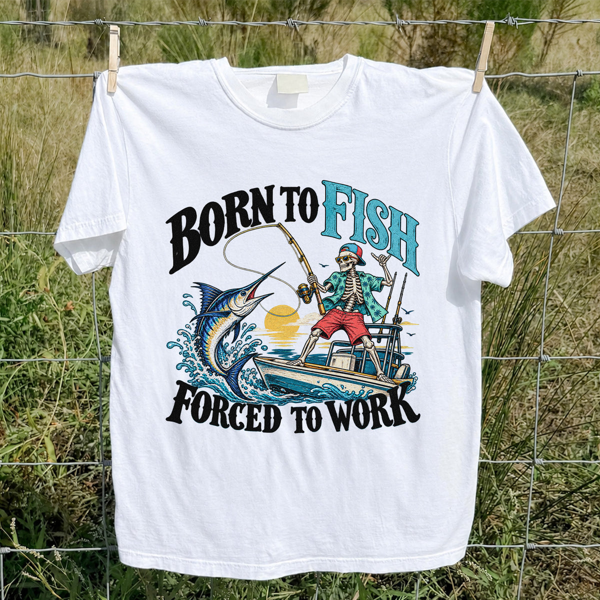 Skeleton Marlin Fishing Boat Graphic T-Shirt