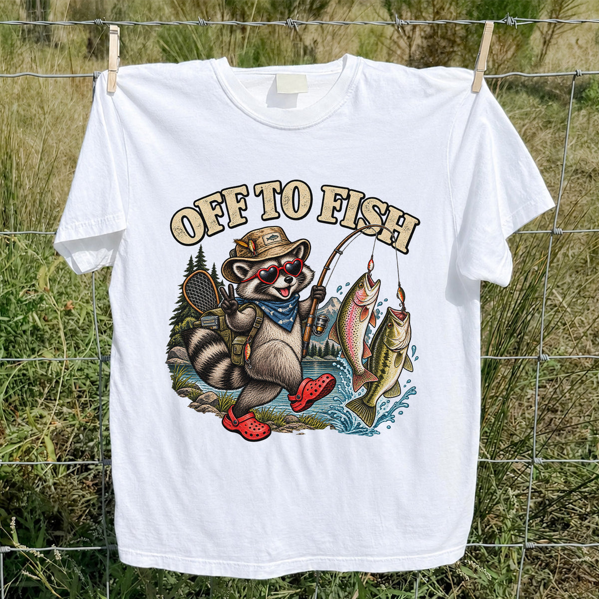 Off to Fish Raccoon with Trout and Bass Fishing T-Shirt