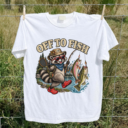 Off to Fish Raccoon with Trout and Bass Fishing T-Shirt