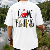 Gone Fishing Trout, Bobber and Fly Rod Graphic T-Shirt | Back Print