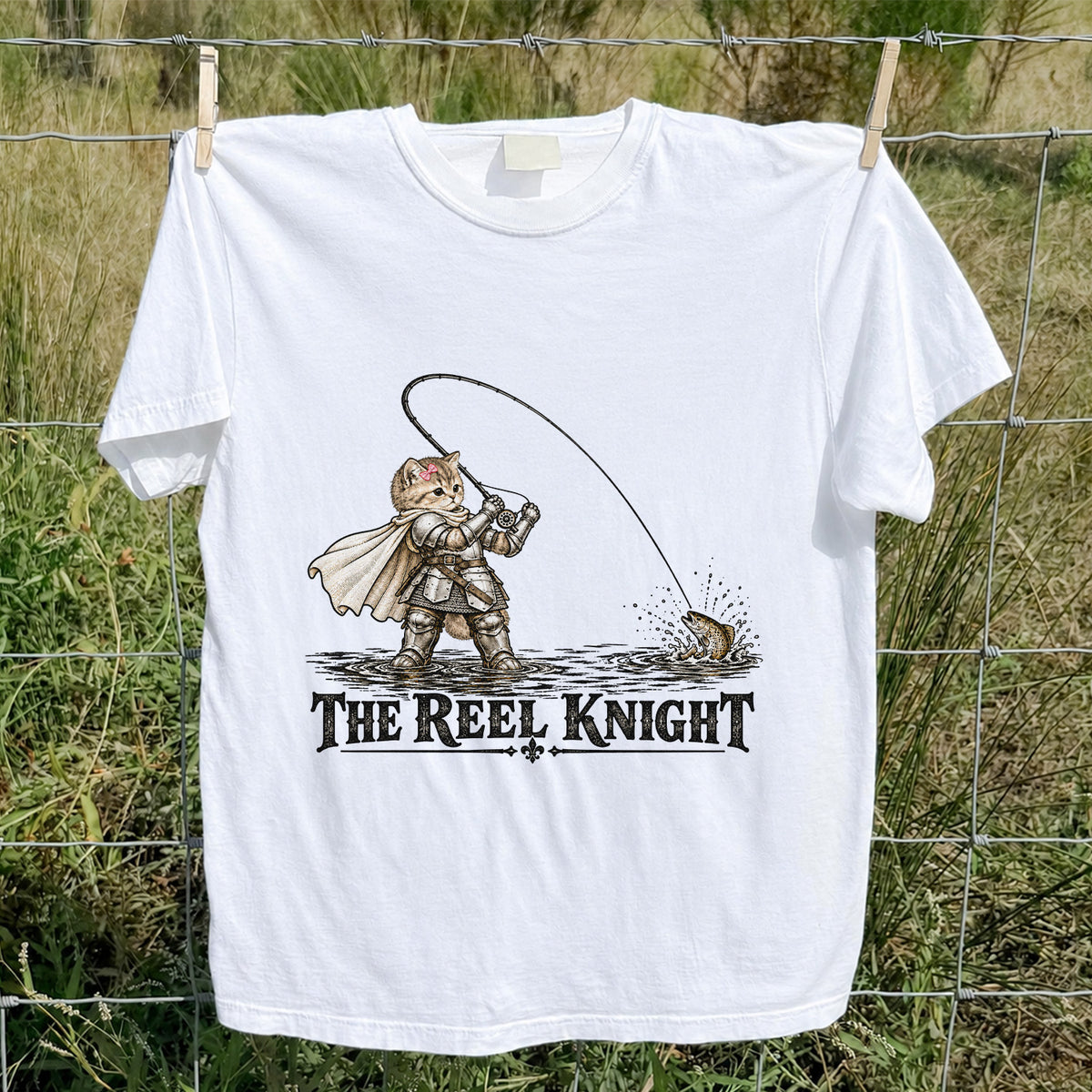 The Reel Knight Cat in Armor Funny Fishing Graphic T-Shirt