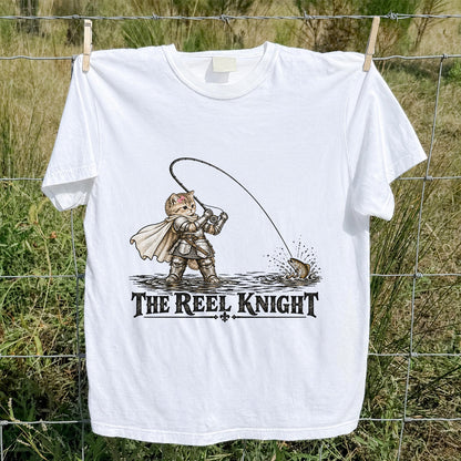 The Reel Knight Cat in Armor Funny Fishing Graphic T-Shirt