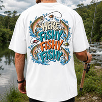 Here Fishy Fishy Fishy Rainbow Trout Funny Fly Fishing T-Shirt | Back Print