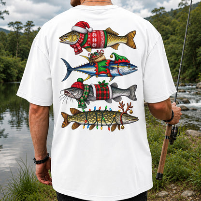 Christmas Fish in Festive Sweaters Fishing Graphic T-Shirt | Back Print