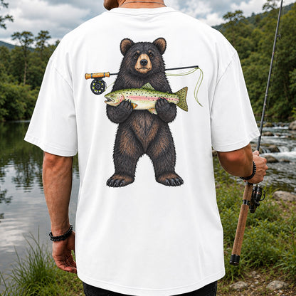 Black Bear Holding Rainbow Trout Fly Fishing Graphic T-Shirt | Back Print
