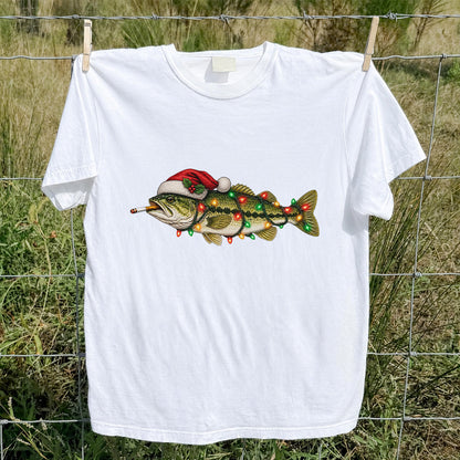Christmas Bass Fishing Lights and Santa Hat Graphic T-Shirt