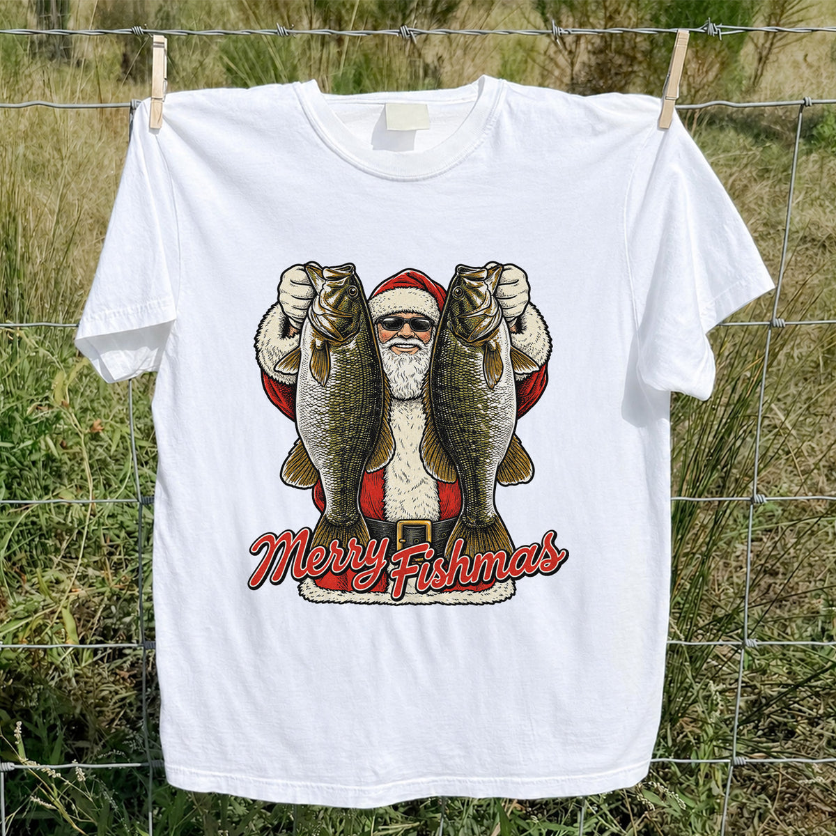 Santa Holding Bass Christmas Fishing Graphic T-Shirt