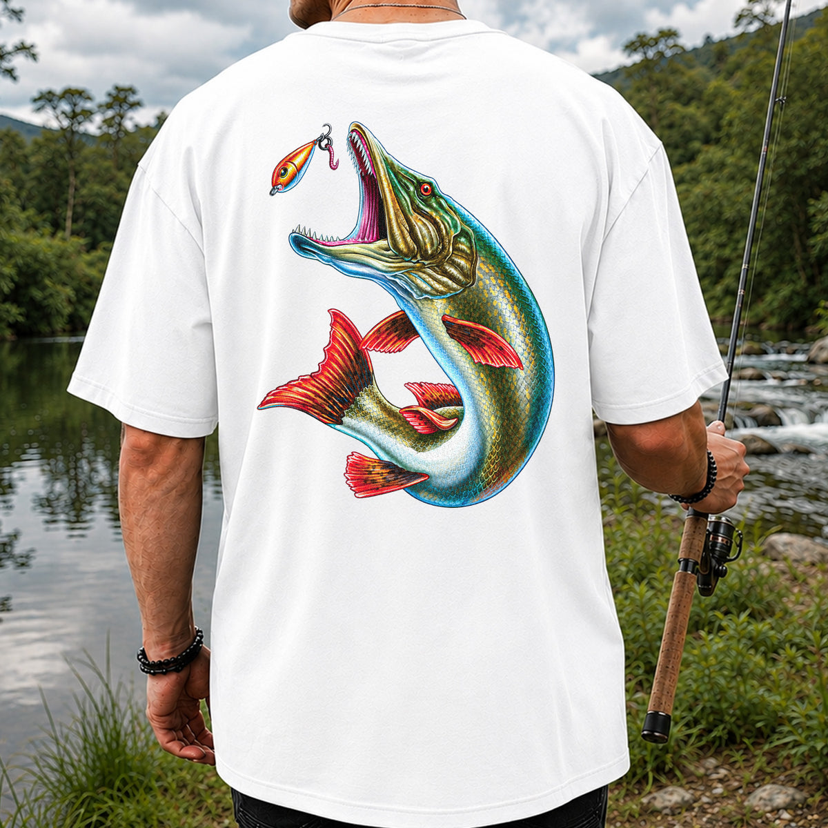 Northern Pike Chasing Fishing Lure Graphic T-Shirt | Back Print