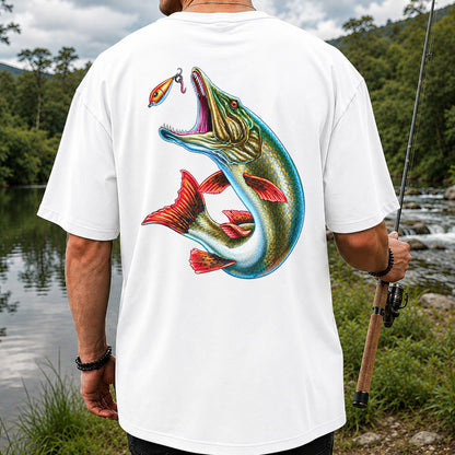 Northern Pike Chasing Fishing Lure Graphic T-Shirt | Back Print