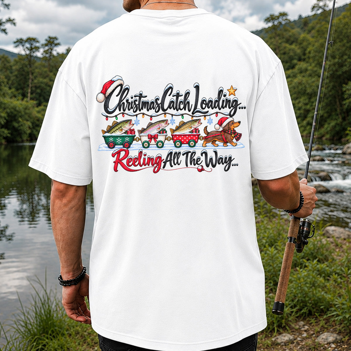 Christmas Fishing Train with Trout and Dog Graphic T-Shirt | Back Print