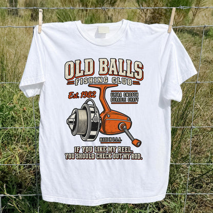 Old Balls Fishing Club Vintage Spinning Reel Graphic T-Shirt