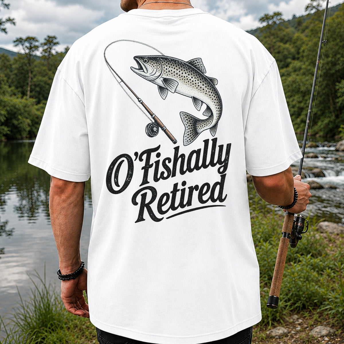 Retired Trout Fishing Rod Graphic T-Shirt | Back Print