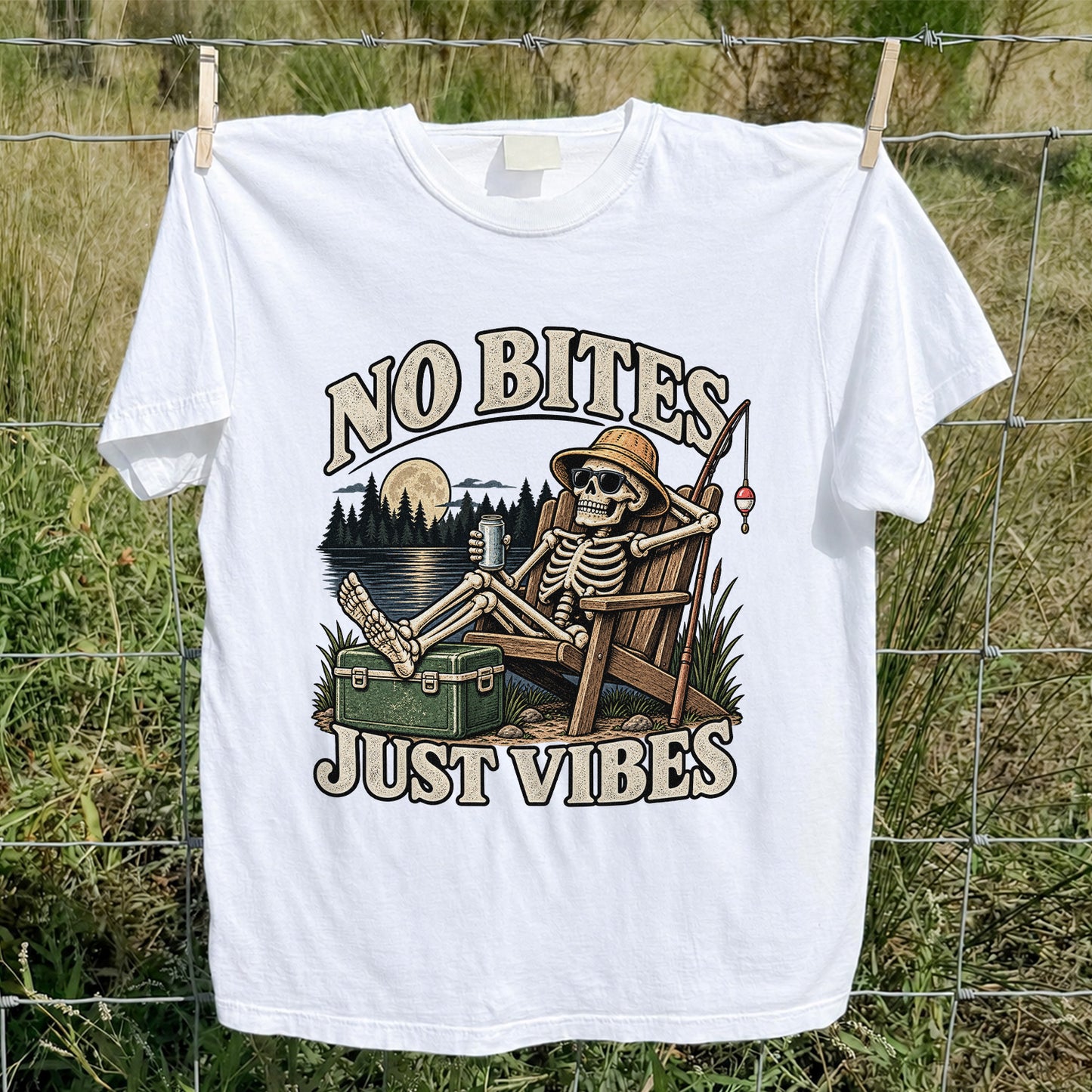 No Bites Just Vibes Skeleton Lake Fishing Graphic T-Shirt