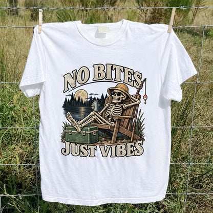 No Bites Just Vibes Skeleton Lake Fishing Graphic T-Shirt