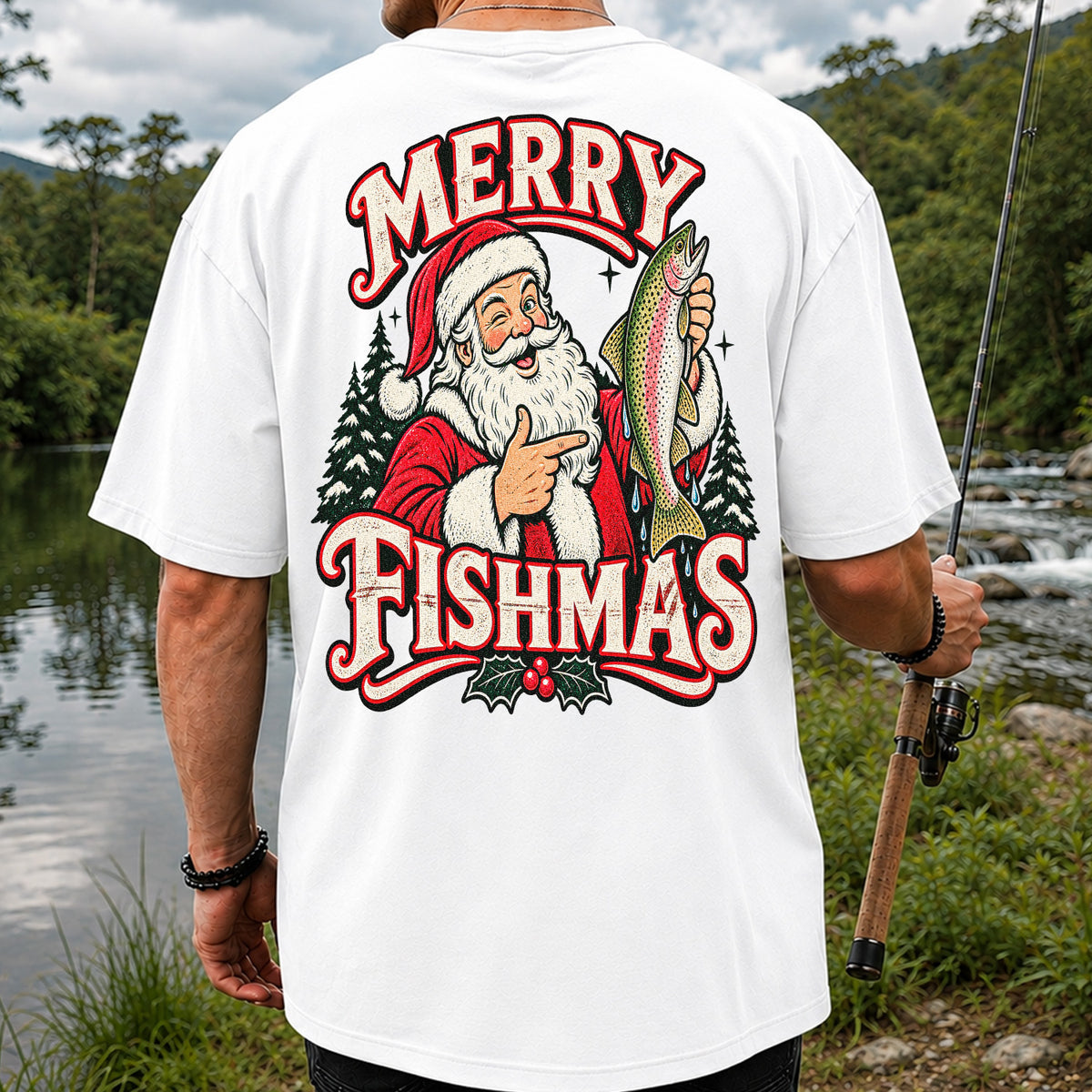 Merry Fishmas Santa Holding Rainbow Trout Christmas Fishing T-Shirt | Back Print