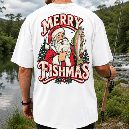 Merry Fishmas Santa Holding Rainbow Trout Christmas Fishing T-Shirt | Back Print